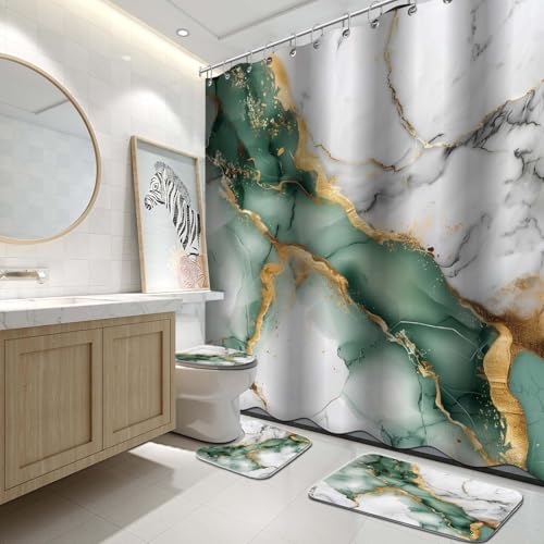 Lnond 4Pcs Bathroom Sets with Shower Curtain and Rugs, Marble Bathroom Shower Curtain Sets, Green Grey Gold Modern Art Bathroom Sets with Rugs and Accessories - color: Green Grey Gold Marble