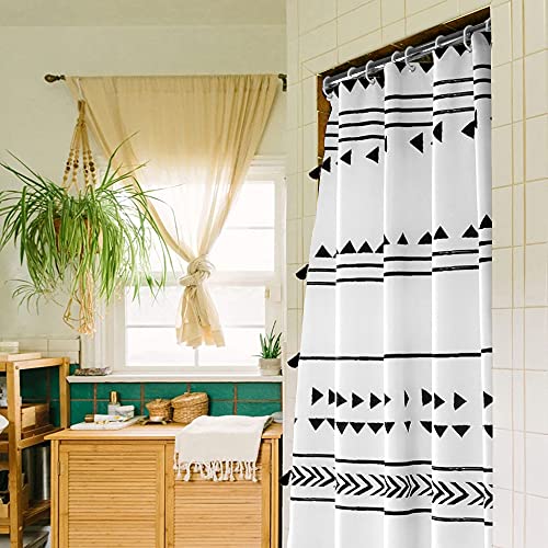 Uphome Extra Long Fabric Shower Curtain for Bathroom, Black and White Boho Shower Curtain Set Chic Triangle Geometric Tassel Cloth Bath Curtains, Waterproof Machine Washable for Modern Bathtub 72x84 - color: White, size: 72"W x 84"L (Pack of 1)