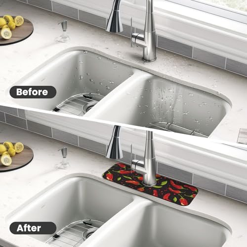 Faucet Draining Mat For Kitchen Sink, Red Chili Pepper Diatom Mud Absorbent Drain Pad For Bathroom Kitchen Sink Splash Guard Drying Mat - color: Red Chili Pepper, size: One Size