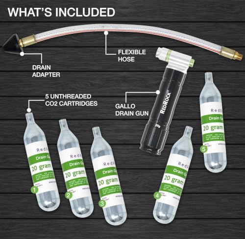 RedRock Gallo Drain Gun AC Drain Line Cleaner Tool, HVAC Air Conditioner Condensate Blaster Cleaning Kit with Flexible Hose Pipe, Includes 5 Unthreaded CO2 Cartridges, 20 Grams - color: Green