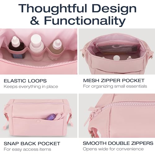 KAZAY Expandable Toiletry Bag with Side Clips for Adjustable Sizing, Premium High-Density Nylon, Open Wide Zipper, Stylish, Water Resistant, Cosmetic Bag, Makeup Bag, Full-Size Bottles, Unisex (Pink) - color: Pink
