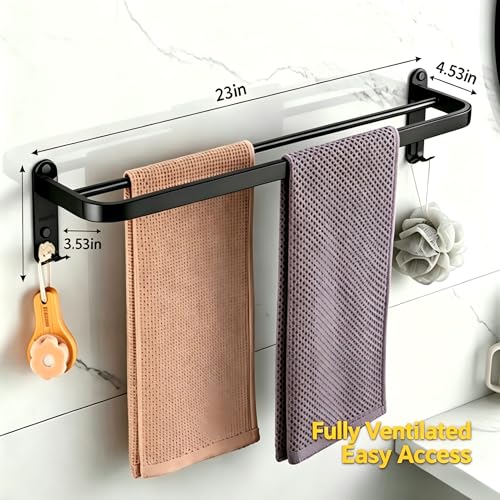 12-Piece No Drill Matte Black Bathroom Hardware Set, 23 Inch Wall Mounted Towel Rack & Towel Bar, Rustproof Stainless Steel Bathroom Organizer Storage, Toilet Brush, Large Capacity