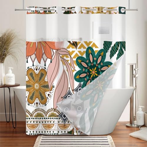 No Hook Boho Shower Curtain and Liner Set 71 x 74 Inch | Colorful Botanical Flower Print, Waterproof Fabric Bath Curtain with Breathable Mesh Top Window for Farmhouse Bathroom, Hotel - color: Green and Pink