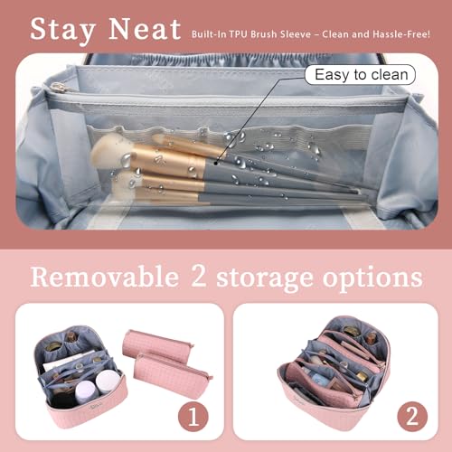BOYATU Travel Makeup Bag Cosmetic Bags for Women: Large Capacity 3 Pcs Set Make up Bag with Compartments - Waterproof Vegan Leather Toiletry Organizer Bags with Handle (L39 Pink) - color: L39 Pink