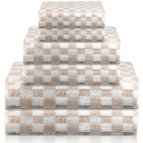 Kinlop 6 Pcs Checkered Bath Towels Set Back to School Lightweight Coral Washcloth Quick Dry Patterned Thin Coral Fleece Hand Towel for Bathroom Gym Spa Beach Accessory(Beige,Checkered) - color: Beige, style: Checkered
