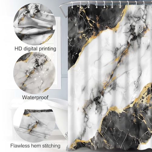 Lnond 4Pcs Bathroom Sets with Shower Curtain and Rugs, Marble Bathroom Shower Curtain Sets, Black White Gold Modern Art Bathroom Sets with Rugs and Accessories - color: Black Grey Marble