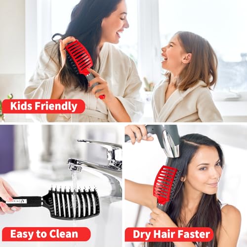 Boar Bristle Hair Brush Set of 2, HIPPIH Wet & Dry Hair Brushes Made by Fine Natural Boar Hair Can Adds Shine and Smoothing, Detangling Hairbrush for Women, Men & Kids' Long Curly Thick Hair - color: Black & Red