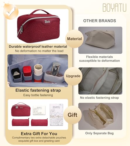 BOYATU Travel Makeup Bags Cosmetic Organizer Bag: 3 Pcs Set Large Capacity Make up Bag with Compartments - Waterproof Leather Toiletry Bags with Handle for Women (A-Red) - color: A-Red