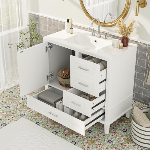Linique 36" Modern Bathroom Vanity with Sink Combo Set, Solid Wood Frame Bathroom Storage Cabinet with a Soft Closing Door and 3 Drawers, White - color: White, size: 36"/ Door without Organizer