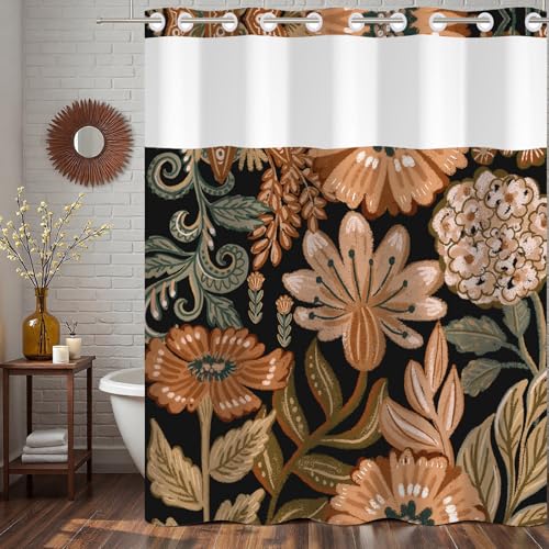 No Hook Boho Shower Curtain and Liner Set 71 x 74 Inch | Tan Botanical Flower Print, Waterproof Fabric Bath Curtain Breathable Mesh Top Window for Farmhouse Bathroom, Hotel Decor - color: Tan