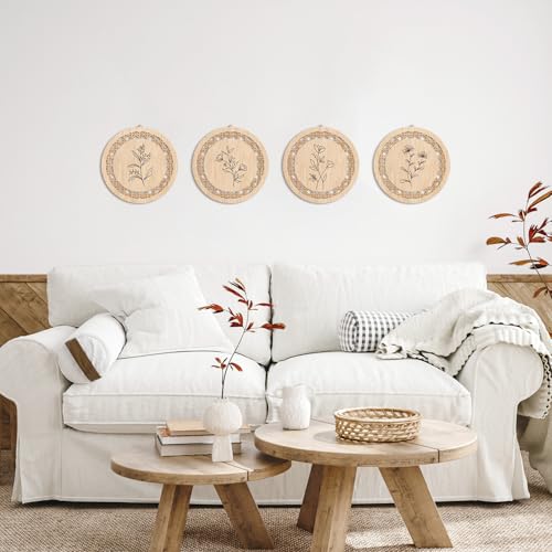 HPNIUB Minimalist Floral Wall Decor, Farmhouse Line Botanical Hanging Wooden Sign Wall Art, 4 Pieces 9.8''x9.8'' Aesthetic Flowers Leaf Wood Plaque, Modern Neutral Pictures for Living Room Office - color: Line style floral