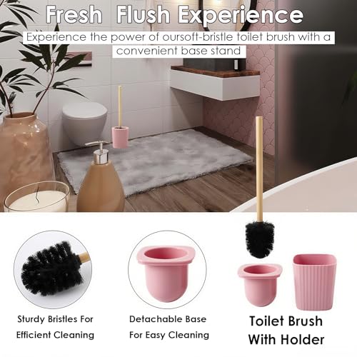 Pink Bathroom Accessories Set, 10 Pieces Bamboo Bathroom Set with Trash Can, Tray, Soap Dispenser, Soap Dish, Toothbrush Holder, Toothbrush Cup, Tissue Holder, Toilet Brush and Qtip Holders - color: Pink