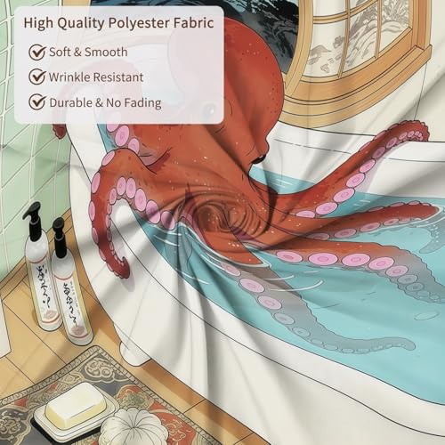 Fabric Shower Curtain with Hooks, Waterproof & Washable & Polyester, Fun Japanese Anime Octopus Shower Curtains for Bathroom, Cute Funny Whimsical Animal Bathroom Curtain, House Gift, 71x74 Inch - color: Fun Octopus