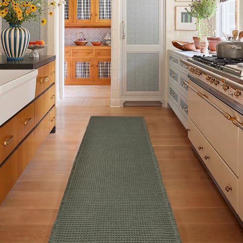 ZALL Waffle Bath Mat,Super Absorbent Non Slip Long Bathroom Runner Rug,Dark Green 24X72inch,Machine Washable Ultra Soft Floor Mats - color: Dark Green, size: 24 x 72 inches(Rectangular)