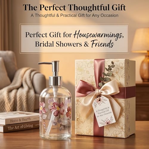 Topadorn 17oz Glass Soap Dispenser with Pump, Refillable Hand Soap Dispenser for Bathroom & Kitchen, Watercolor Floral Decorative Soap Bottle, Farmhouse Countertop Decor - color: Purple Flower