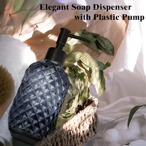 13.5oz Glass Soap Dispenser with Plastic Pump, Diamond Design Refillable Hand Soap Dispenser for Hand Wash, Bathroom and Kitchen (Blue Grey) - color: Blue Grey
