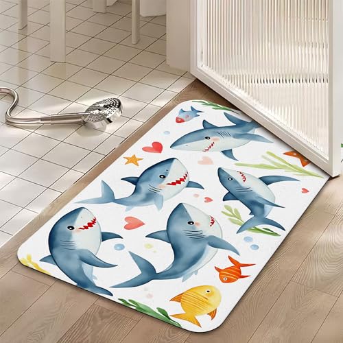 Bathroom Floor Mat,Cute Sharks Bathroom Rugs,Quick Dry Watercolor Fish Diatomaceous Bath Mat,Non Slip Super Absorbent Soft Floor Mat for Home Kitchen Dorm Patio 17 X 29.5 Inch - color: Cute Sharks