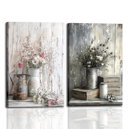 2Pcs Framed Rustic Farmhouse Bathroom Wall Art Vintage Country Floral Still Life Wall Decor pink White Daisy Canvas Painting Shabby Chic Flower Poster Print for Living Room Bedroom Kitchen 12x16n - color: Farmhouse Vase, size: 12x16 inches