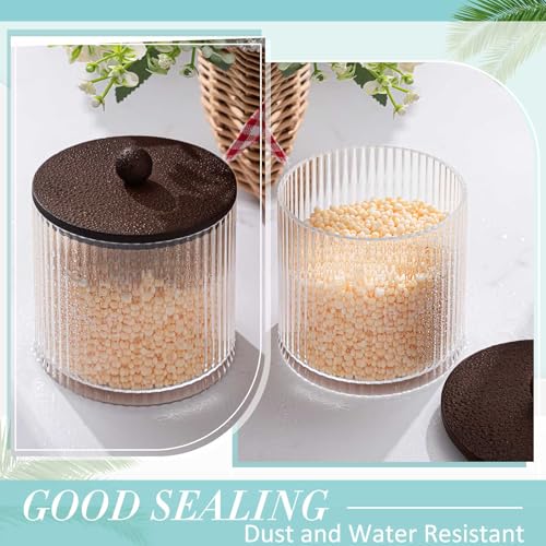 Yaomiao 6 Pcs Ribbed Bathroom Canisters Apothecary Jars with Brown Bamboo Lids and Label Stickers, 18 oz Plastic Canister with Fluted Design for Cotton Ball, Swab, Floss Picks House Storage - color: Brown
