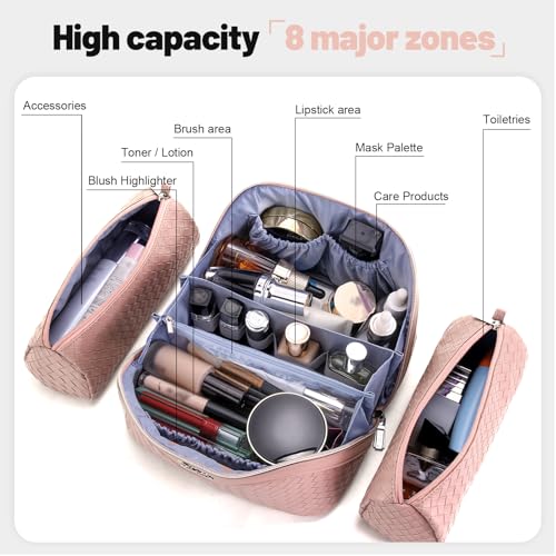 BOYATU Travel Makeup Bag Cosmetic Bags for Women: Large Capacity 3 Pcs Set Make up Bag with Compartments - Waterproof Vegan Leather Toiletry Organizer Bags with Handle (L04 Light Pink) - color: L04 Light Pink