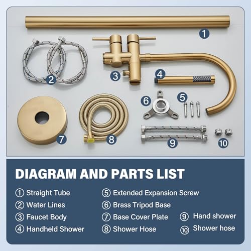 Freestanding Bathtub Faucet Floor Mount Tub Filler Brushed Gold High Flow Shower Faucets with Handheld Shower Mixer Taps Swivel Spout for Bathroom