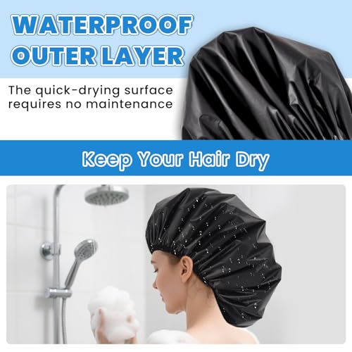 Extra Large Shower Cap XL Satin Lining Shower Bonnet Black Shower Cap for Men Women Thick Long Hair Braids Curly Hair