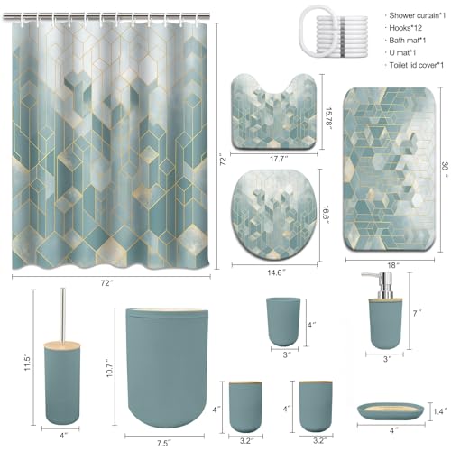 Lnond Blue Green Bathroom Set, Blue Green Abstract Cubes Bathroom Accessories Sets Complete, Luxury Restroom Set with Shower Curtain and Rugs, Trash Can, Toilet Brush Holder Set & Soap Dispenser - style: Blue Green
