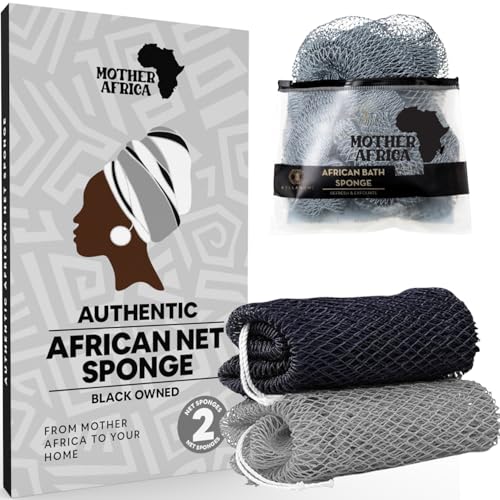 MOTHER AFRICA African Net Sponge Authentic with Knots 2 Pack Black Owned Exfoliating Body Scrubber Bath Sponge for Shower Washcloth Loofah Gentle Deep Cleansing Back Scrubber Face & Body Men & Woman - color: Grey & Black