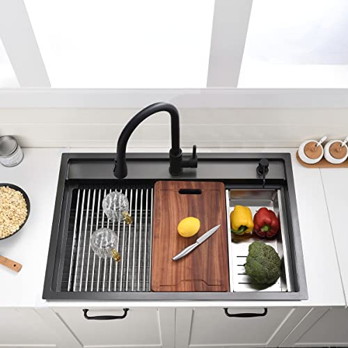 33 Inch Black Drop In Kitchen Sink - VOKIM33 x22 Inch Drop In/To pmount sink Workstation Splash Guard Stainless Steel 16 Gauge 10'' Deep Single Bowl Sink with Cutting Board & Strainer - color: Black（Splash Guard）, size: 33"L x 22"W x 10"D