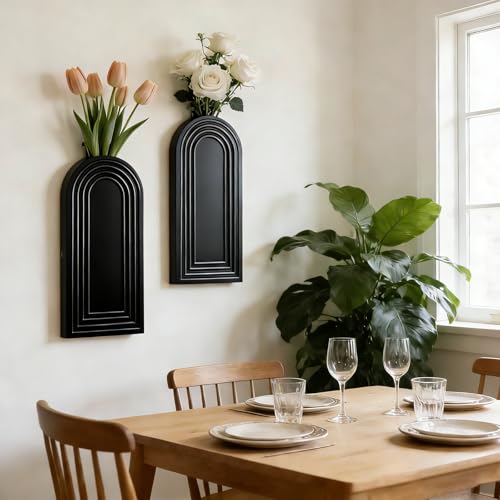 2 Pack Wooden Wall Vase Set, Boho Hanging Planter for Indoor Plants & Flowers, Wood Wall-Mounted Planters for Living Room, Modern Farmhouse Entryway or Bathroom, Rustic Art for Home (Black) - color: Black
