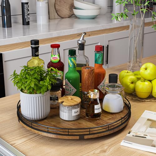 Farmhouse Oak 16" Lazy Susan Turntable Organizer for Cabinet, Round Wooden Lazy Susan Organization and Storage for Dining Table, Pantry, Kitchen, Countertop, Cupboard,Home Decor, Walnut Wood (16") - color: Walnut, size: 16 inches
