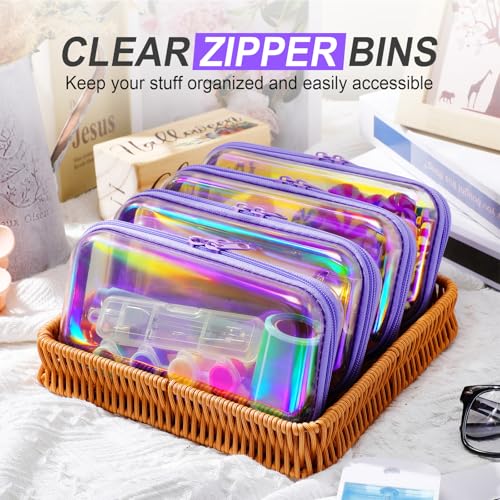 Hoolerry 4 Pcs Hard Clear Zipper Case Makeup Bags Plastic Zipper Pouch Transparent Storage Box Containers for Cosmetics, Snacks, Building Blocks, Puzzles(Clear,7.5 x 3.9 x 2 in,Purple Laser) - color: Purple Laser, size: 7.5 x 3.9 x 2 in
