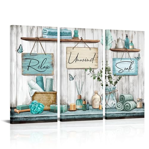 sechars Bathroom Wall Art Relax Unwind Soak Signs Canvas Prints Teal Spa Decor, 8x16 Inches Each, Framed (Teal) - color: Teal