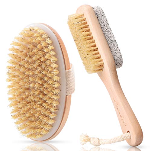 LAYUKI Body Brush for Dry or Wet Brushing and 2-Sided Foot File Scrubber Set, Exfoliating Skin, Cellulite Treatment, Foot File Scrubber with Pumice Stone