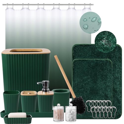 XLHOMO Dark Green Bathroom Accessories Set with Ombre Shower Curtain and Bathroom Rugs,Bathroom Sets with Trash Can,Toothbrush Holder and Cup,Soap Dispenser,Tray,Soap Dish,Toilet Brush,Qtip Holders - color: Hollow Dark Green, size: Bathroom Set+Shower Cur