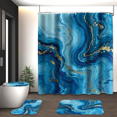 Marble Bathroom Sets with Rugs for Bathroom Decor, 72x72 Inches Gold Shower Curtain with Non-Slip Rugs and Accessories, Waterproof Machine Washable Bath (Curtain Set- Bule Gold Marble) - color: Curtain Set- Bule Gold Marble