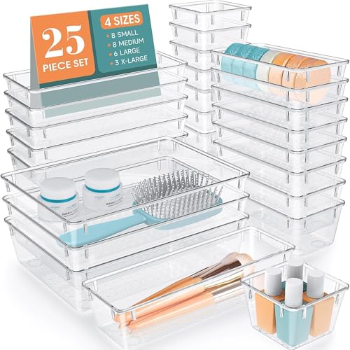 StorMiracle 25 PCS Drawer Organizer Set, 4 Varied Size Bathroom and kitchen Drawer cabinet organizer Trays, Clear Storage Bins for Makeup, Jewelry, Utensils and Gadgets - color: Clear, size: 25 PCS