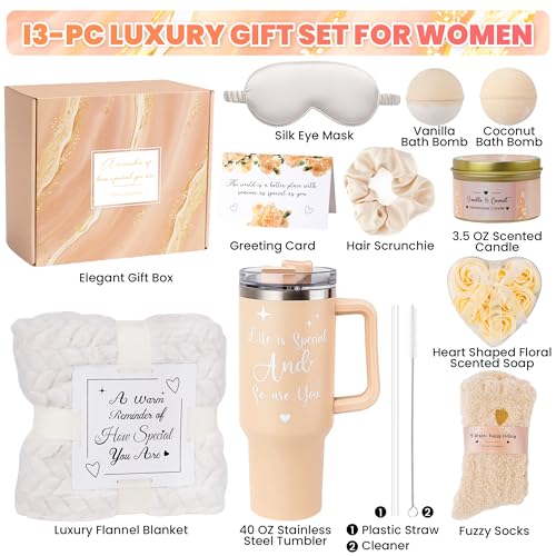 Mothers Day & Birthday Gifts for Women - Tova's Creations 13-Piece Vanilla Coconut Spa Gift Basket with 40 OZ Tumbler & Luxury Flannel Blanket for Mom, Wife, Grandma - color: Tan