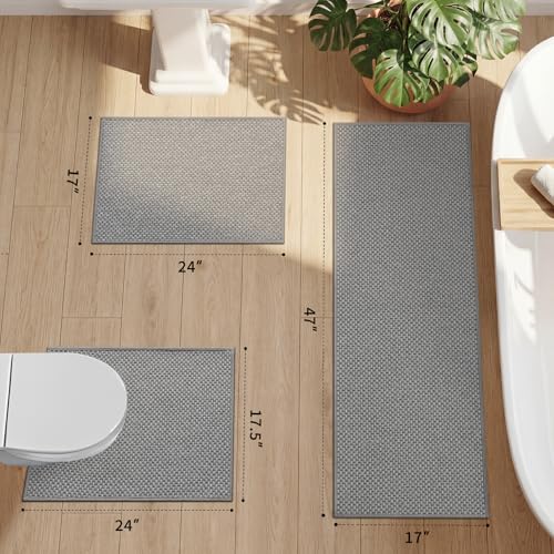 YIHOUSE Thin Bath Mat Light Grey Bathroom Rugs Sets 3 Pieces, Non Slip Absorbent Bath Mats Quick Dry, Woven Braided Rugs Washable, Tapetes para Baño for Bathroom,Bathtub(17.5"x24"U+17"x24"+17"x47") - color: Light Grey, size: 3Pieces(17.5"x24"U+17"x24"+17"
