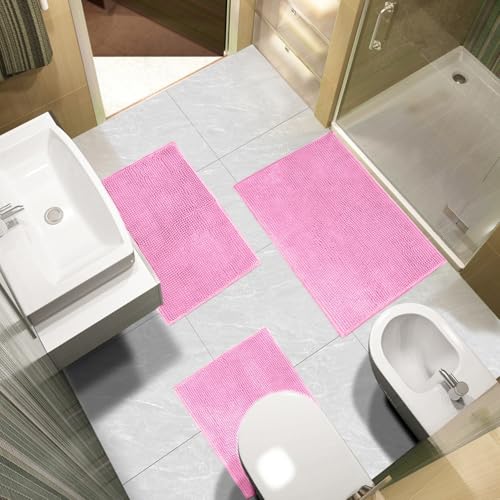 Urvoix Bathroom Rugs Sets 3 Piece, Non-Slip Chenille Bath Rug - Ultra Soft, Washable, Super Absorbent Bath Mat for Bathroom, Toilet and Tub (Pink) - color: Pink
