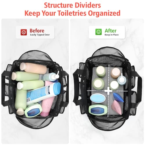 Mesh Shower Caddy Portable with Dividers - 2-Handle Shower Bag for Dorm | 8 Deep Pockets, S-Hook, Quick-Dry Mesh, College Dorm Room Essentials for Girls, Camping, Gym, Travel & Bathroom, Black - color: Black with Dividers, size: L (Classic Dorm Caddy)
