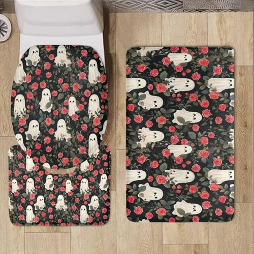 Cute Ghost Bathroom Rug Set Rose Bathroom Rugs Sets 3 Piece Toilet Seat Cover and Rug Set Toilet Lid Cover with Non-Slip Bottom Toilet Lid Cover Set with U-Shaped Rug Bathroom Accessory Set - color: Cute Ghost Rose
