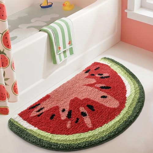 DEXI Cute Bathroom Rugs Half Round, Funny Fruits Absorbent Bath Mat Non Slip Washable, Extra Soft Plush Microfiber Bathmat for Shower Floor, Tub, Sink, Bedroom, 32x20, Watermelon - color: Watermelon