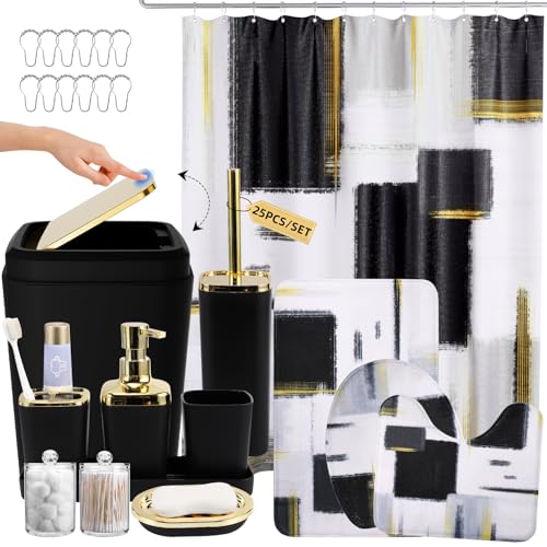 XLHOMO Bathroom Accessories Set - 25PC Bathroom Set with Shower Curtain and Rugs, Black Bathroom Set, Bathroom Accessory Set with Press-on Lid Trash Can, Soap Dispenser and Qtip Holders - color: Black & Gold, size: Plaid Complete Set + Bath Rugs