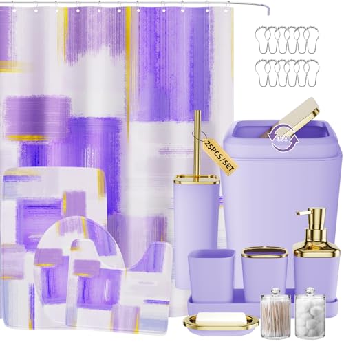 XLHOMO Bathroom Set - Purple and Gold Bathroom Accessories Set, Bathroom Sets with Shower Curtain and Rugs, Purple Shower Curtain Set with Bathroom Trash Can, Soap Dispenser, Soap Dish for Home Decor - color: Plaid Purple & Gold, size: Complete Set + Bath