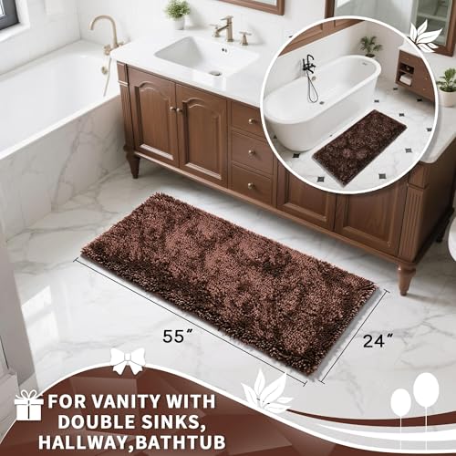 Yimobra Long Bathroom Rugs Runner 55x24 Inch, Extra Thick Soft Absorbent Chenille Bath Mat, Non Slip Machine Washable, Quick Dry Bath Rugs for Bathroom Floor, Tub and Shower, Brown - color: Brown, size: 55" X 24"