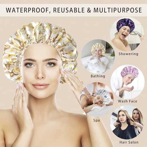 Shower Cap for Women,4 PCS Elastic and Reusable Bath Caps, Double Layers Shower Caps Reusable Waterproof, Bathing Shower Caps, Environmental Bath Hair Protection Cap - Butterfly D - color: Butterfly D