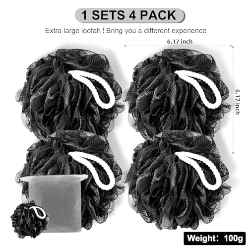 MTDLYICE Loofah Sponge XXL-100g 4 Pack, Bath Sponge Soft Mesh Shower Puff Loofah for Men, Exfoliating Body Scrubber for Women, Shower Accessories (Black) - style: 100g Black