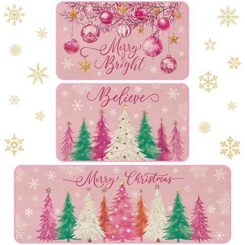 Drydiet 3 Pcs Christmas Kitchen Rug and Mat Set Washable Pink Xmas Tree Kitchen Floor Mats Waterproof Non Slip Farmhouse Merry Christmas Doormat Holiday Xmas Decor for Home Office Bathroom Party Decor - color: Pink, style: Christmas Tree