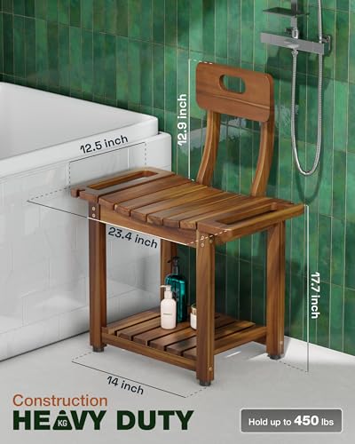 BLUEWEST 23.4'' Shower Chair with Backrest Bath Chair for Inside Shower or Tub, Heavy Duty 450 lbs Support, Non-Slip Feet, Shelf Storage, Built-in Handles for Elderly or Adults (Acacia) - color: Acacia